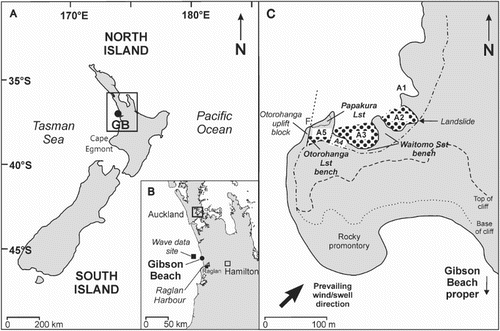 Figure 1. A, Simplified map of New Zealand showing location of Gibson Beach (GB) enlarged in B to show some other place names and location of the offshore site for wind and wave data provided by Dr Richard Gorman (NIWA, Hamilton). C, Plan view of castle-like coastal promontory at the northern end of Gibson Beach proper and the series of small-rock-buttressed alcoves (A1–5) floored by rock platforms and benches of sandstone or limestone. Black dots represent boulder accumulations and bold arrow represents prevailing southwesterly wind and swell wave directions. F, fault.