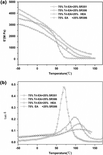 Figure 6 Storage modulus E′ (a) and the loss factor tanδ (b) for different cured films.