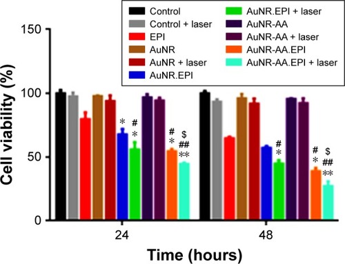 Figure 7 Cell viability measured in PC-3 cells after 24 hours and 48 hours of treatment with anisamide-targeted AuNR.EPI complex plus laser irradiation (808 nm at 2.5 W/cm2 for 0.5 minutes) using MTT assay (n=3). EPI =1 µM; AuNR = Au800-CTAB-PAA-PEG; AuNR.EPI = Au800-CTAB-PAA-PEG.EPI (MR =5); AuNR-AA = Au800-CTAB-PAA-PEG-AA; and AuNR-AA.EPI = Au800-CTAB-PAA-PEG-AA.EPI (MR =5). *P<0.05 and **P<0.01 relative to EPI; #P<0.05 and ##P<0.01 relative to AuNR.EPI; $P<0.0 relative to AuNR-AA.EPI.Abbreviations: AuNRs, gold nanorods; EPI, epirubicin; CTAB, hexadecyltrimethyl-ammonium bromide; PAA, poly(acrylic acid); AA, anisamide; PEG, polyethylene glycol; MR, mass ratio.