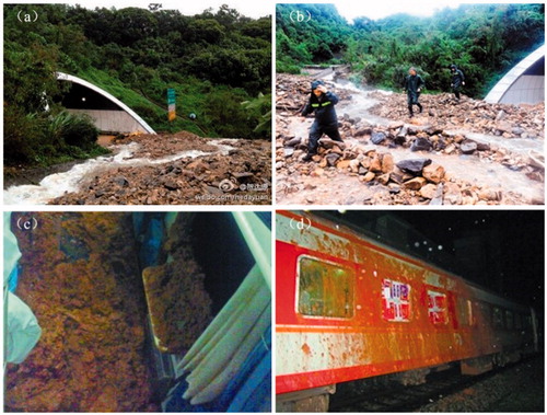Figure 5. Disaster scenes in Guangdong province: JMS tunnel (a, b); Mud rock flowed into the train (c); The damaged train (d). Sources: http://news.sohu.com/20120726/n349075089.shtm and http://weibo.com/ and http://www.guancha.cn/society/2013_08_20_166817.shtml.