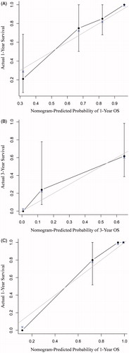 Figure 2. The calibration curve of nomogram for predicting survival at (A) 1 year and (B) 3 years in the primary cohort and at (C) 1 year in the validation cohort. Nomogram-predicted survival probability is plotted on the x-axis while actual OS is plotted on the y-axis. Thin grey line represents the reference line. OS: overall survival.