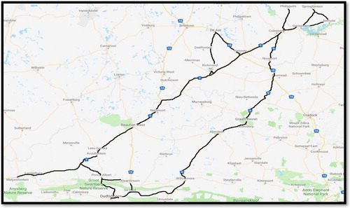 Map 1. Map of the proposed South African War Battlefields Route in the central Karoo (Indicated by the thick black line). Source: (Google Maps, Citation2018).
