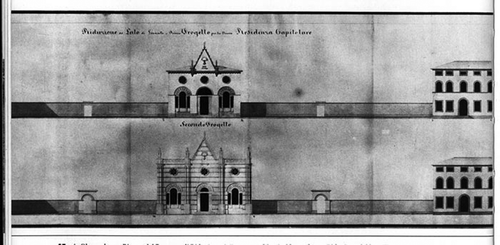 Figure 8. Design of the new Chapter House, designed by Gherardesca in 1841. The two projects on the Levante side included two versions of the building, both characterised by the presence of Palladian windows. Source: Progetto di riduzione delle fabbriche adiacenti alla Primaziale Pisana (AOP, 187, file 29)
