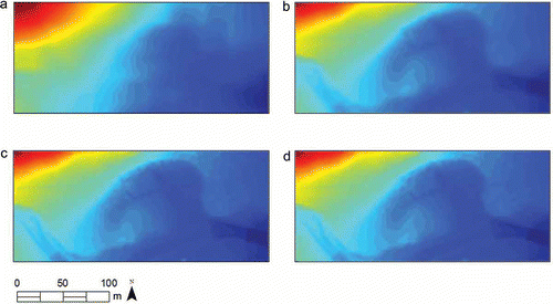 Figure 2. Generated DTM in the process of lidar filtering: (a) the coarse DTM with 10 m resolution from step 1, (b) the DTM with 2 m resolution from step 2, (c) the fine DTM with 0.5 m resolution from step 3, (d) the final DTM.