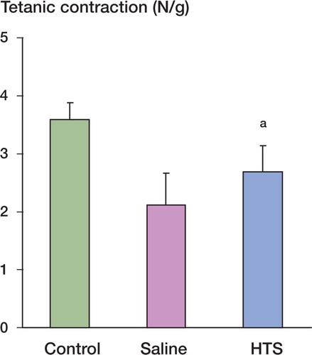 Figure 2. Effect of administration of hypertonic saline on mean tetanic contractions in rats subjected to ischemia reperfusion injury. Data are expressed as mean (SD) for 9 rats in each group. ap < 0.03 for for hypertonic saline (HTS) vs. normal saline.