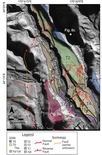 Figure 4. Tectonic and Quaternary geomorphic map of the Fox Peak Fault at the Cloudy Peaks terraces. T1–T7 are late Pleistocene fluvial terrace surfaces, with T1 being the highest and oldest terrace; lQt is an older late Quaternary terrace surface (see Table 2 for specific ages).