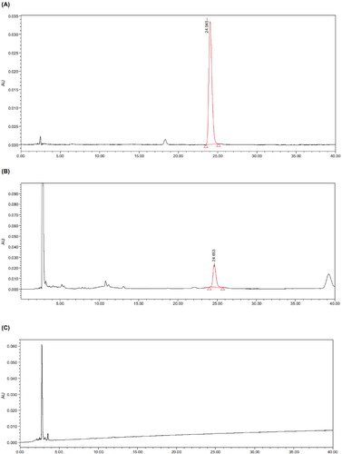 Figure 1. HPLC chromatograms of the blank solution (A), artemisinin reference solution (B), and test solution (C). A was the chromatogram of the artemisinin reference substance; the peak time of artemisinin was about 29 min. C was the blank solution with no chromatographic peak at 29 min. B had a corresponding chromatographic peak at about 29 min. This indicates that the matrix did not interfere with the detection of artemisinin.