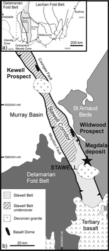 Figure 2 (a) Simplified geological map of southeastern Australia focusing on the Western Lachlan Fold Belt (modified after VandenBerg et al. Citation2000). (b) Geological map of area surrounding Stawell (modified after Schaubs et al. Citation2006).