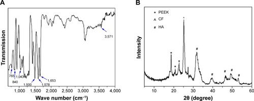 Figure 2 Chemical characterization of the pristine PEEK/n-HA/CF ternary composite.Notes: (A) FT-IR spectrum; (B) XRD pattern.Abbreviations: PEEK, polyetheretherketone; CF, carbon fiber; HA, hydroxyapatite; PEEK/n-HA/CF, carbon fiber-reinforced polyetheretherketone–nanohydroxyapatite; FT-IR, Fourier-transform infrared spectrometry; XRD, X-ray diffraction.