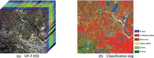 Figure 4. The hyperspectral image classification task. (a) GF-5 HIS. (b) classification map