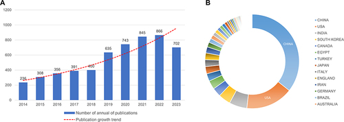 Figure 2 Bibliometric analysis of publication outputs. (A) The number of annual publications. (B) The distribution of publications by countries/regions.