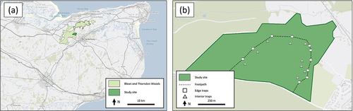 Figure 1. The location of (a) Blean and Thorndon Woods in Kent, UK, and (b) pitfall traps in the study area within Blean Woods.