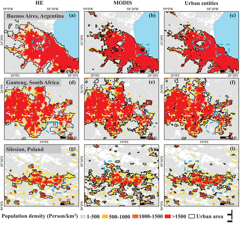 Figure 5. Spatial comparisons of urban entities, MODIS, and HE with the LandScan population product in 2015.