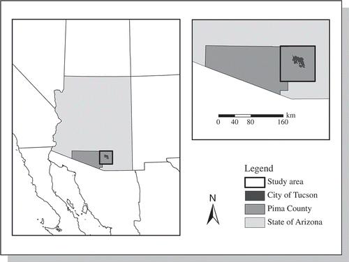 Figure 1. Study area map including southwestern United States, northwestern Mexico, the state of Arizona, Pima County and the city of Tucson.