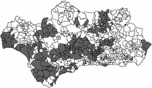Figure 2 Municipalities holding good hunting yields(GHY) in Andalusia (in dark).