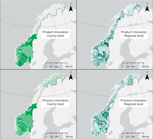 Fig. 1. Product and process innovation levels for the Norwegian counties and economic regions