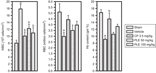 Figure 3.  Effect of P. longifolia extract on hematological parameters in EAC challenged mice. The myelotoxicity of EAC-bearing animals (2.5 × 106 cells/mouse, i.p.), receiving P. longifolia extract (50 or 100 mg/kg for 7days), cisplatin (3.5 mg/kg single dose) and vehicle, was assessed by counting the RBC, WBC and hemoglobin content on day 8. All values are the mean ± SEM of six mice; ap <0.05 compared to sham mice; bp <0.05 compared to vehicle treatment.