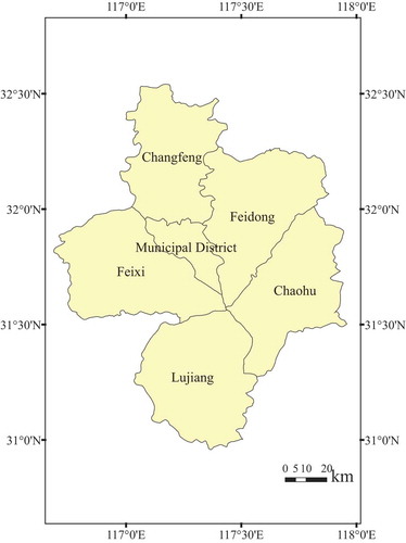 Figure 1. Location and administrative divisions of Hefei city, China.