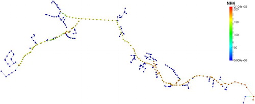 Figure 6. Visualisation of one time step of simulated ammonium-concentration in a river network. The simulation results have been created using the SWMM (Rossman Citation2014). SWMM output has then been imported into OGS data structures for visualisation (SWMM data provided by Michael Käseberg).