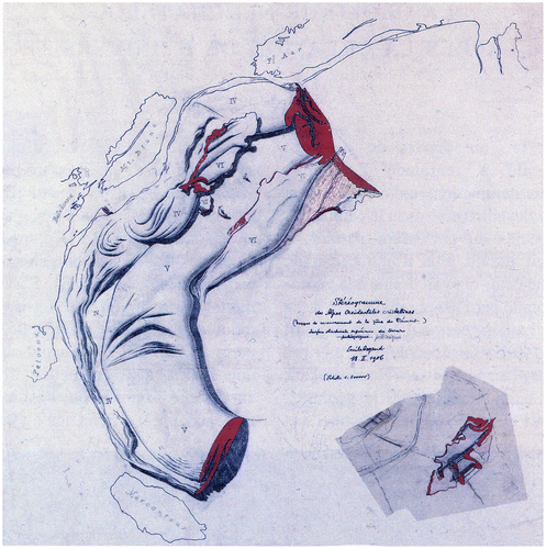 Figure 1. The stereogramme of the western crystalline Alps showing the giant nappes of the Pennine Zone, then called the Piemonte Zone by Émile Argand, showing only the upper surfaces of the pre-Triassic rock assemblages. This magnificent figure was drawn by Argand on 18 February 1906, three years before his doctoral dissertation was published and a year before his mapping of the Dent Blanche area was completed, but he never published it; it was drawn simply as an aid to develop his thinking (copied from Schaer, Citation1998, Figure 23, with permission).