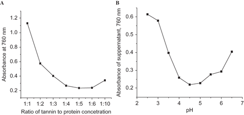 Figure 1 Absorbance of solution vs. (a) ratio of tannin to protein and (b) pH of buffer solution.
