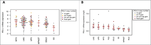 Figure 3. PD-L1 mRNA expression in the TCGA cohort (A) and in the independent cohort of high-grade STS (B). In the TCGA cohort, sarcomas with PD-L1 CNG showed higher PD-L1 expression than STS without PD-L1 CNG (fold change, 1.8; p = 0.02). PD-L1 expression was significantly higher in MFS compared with DDLS (fold change, 2.2; p = 0.036) and SS (fold change, 12.2; p = 0.00012). Furthermore, PD-L1 expression in LMS was significantly higher than in DDLS (fold change, 1.5; p = 0.039) and SS (fold change, 8.6; p = 0.00047). In the high-grade STS cohort, LMS and UPS cases showed highest PD-L1 expression levels, whereas PD-L1 expression was significantly lower (p < 0.05) in MLS compared with all other subtypes except MPNST.