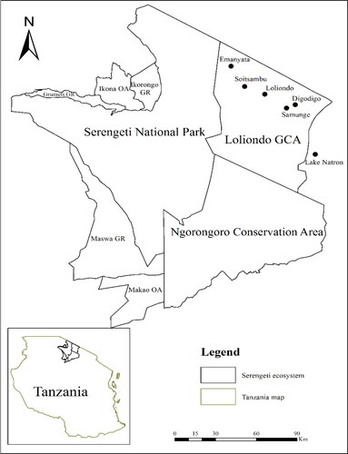 Figure 1. Serengeti ecosystem showing the six study schools indicated with black dots: Loliondo, Emanyata, Soitsambu, Samunge, Digodigo and Lake Natron, located in northern Tanzania (main map). A map of Tanzania (inserted to the lower left) shows the location of the Serengeti ecosystem in northern Tanzania.