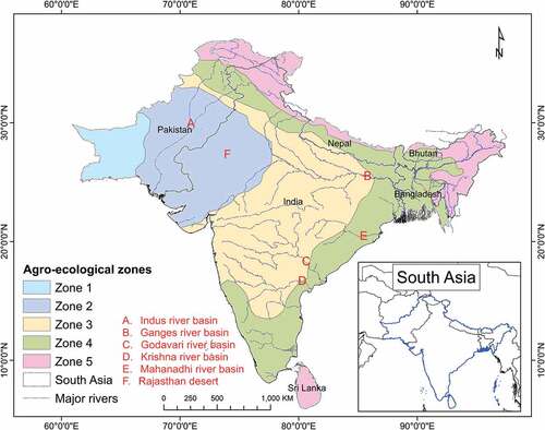 Figure 1. Map of South Asia showing five agro-ecological zones.