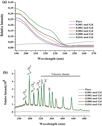 Figure 4. Photoluminescence spectra of pure Ca10(PO4)6(OH)2 and Ca10-xGdx(PO4)6(OH)2 (x = 0.001, 0.002, 0.04 and 0.016) at room temperature