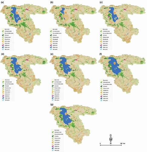 Figure 4. Results of the LULC classification Fuzzy-OBIA-DL, a) 2020, b) 2015, c) 2010, d) 2005, e) 2000, f) 1995 and g) 1990