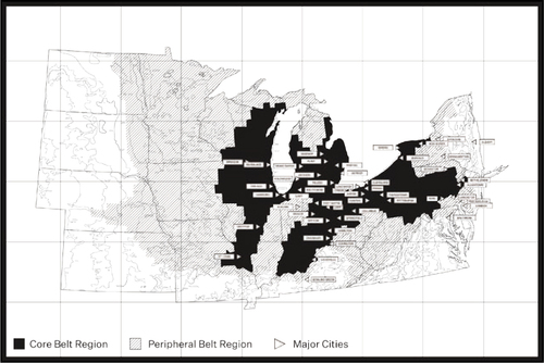 Figure 2a. The boundaries of the Rust Belt are not clearly or consistently defined so incorporating both core and peripheral regions, as well as identifying a group of major cities, provides comprehensive insight. Region mapping data by demographer Lyman Stone. Unless otherwise credited, all images Samiha Meem, 2020.