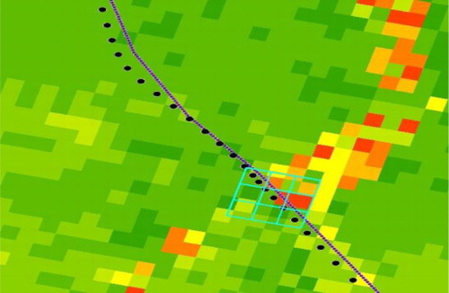 Figure 4. A slope map derived from 1 m LiDAR data indicating a large height aiding error caused by a large slope of 63 degree in red colour crossing the road at the centre of the blue rectangle box at epoch 127016 shown in Figure 3.