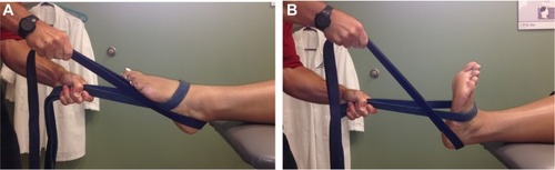 Figure 6 Non-weight bearing ankle distraction mobilization using elastic bands with movement from a (A) plantar flexed position to a (B) dorsiflexion position.