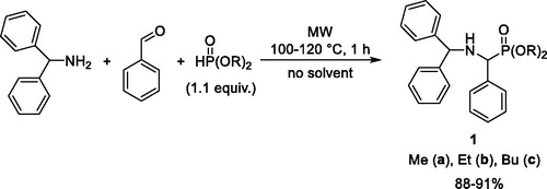 Scheme 1. Kabachnik–Fields reaction of benzhydrylamine, benzaldehyde and dialkyl phosphites.