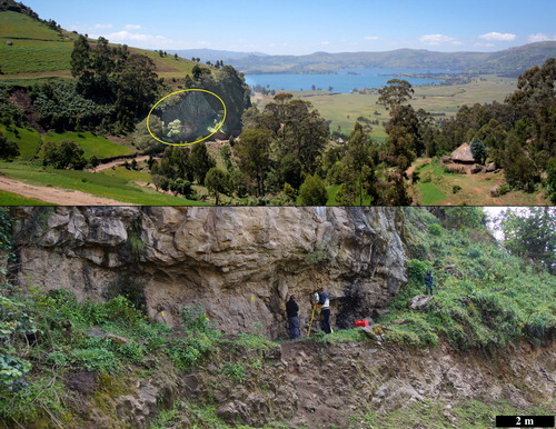 Figure 3. The DEN12-A01 rockshelter (yellow oval) and surrounding landscape (top). Close-up of the shelter with scale (bottom).