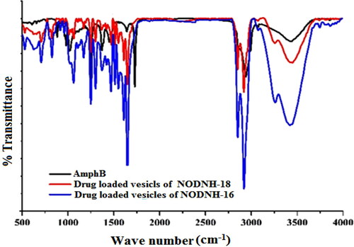 Figure 6. FTIR spectra of drug-loaded niosomal vesicles of NODNH-16 and NODNH-18.