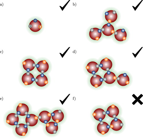 Figure 3. Examples of association aggregates formed in a spherical model fluid of molecules shown in (a) with three association sites (labelled A, B, C). The check marks and crosses indicate whether the aggregate type is accounted for by the theory presented in our current work or not: (a) monomer species; (b) open branched chain; (c) intermolecular ring bonded through A–B bonds only; (d) intermolecular ring bonded through A–B bonds only, with further branching; (e) A–B intermolecular ring associated to a B–C intermolecular ring; and (f) intermolecular ring involving more than one type of site–site interaction.