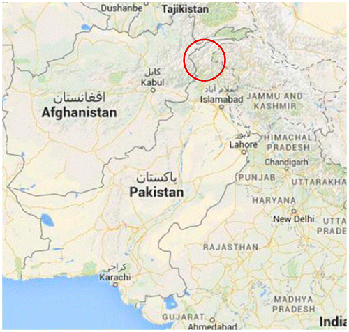 Map 1. Pakistan with surrounding countries and Chitral District framed. Scale: 1:133,333,333. Source: maps.google.com