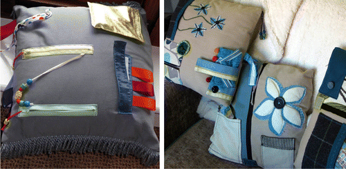 Figure 3 Examples of tactile / sensory cushions found in two of the visited care-homes. Embellished with ribbons, zips, buttons etc. they can provide soothing hand occupation, act as a stimulant or/and conversation broker