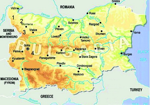 Figure 1. Site location. (1) The River Martinovska, (2) Ogosta dam, (3) Petrohan dam and (4) the River Egulya.Note: Used with permission from Industial Zones Bulgaria, http://www.industrial-zones.com.