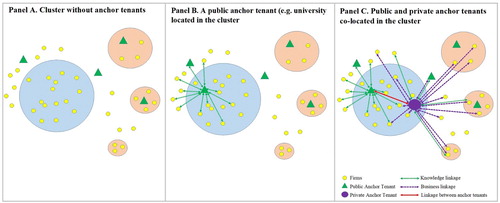 Figure 1. Cluster linkages and anchor tenants (ATs).Note: We assume that some inter-firm linkages exist both between firms within the specific cluster(s) and between firms within and beyond the specific cluster, but for the purposes of clarity, we have illustrated only those linkages that pertain to the roles of the central actors in our analysis – private (PvAts) and public anchor tenants (PuATs).Source: Authors.