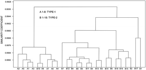 Figure 5. Cluster analysis of the biometric data of Type-1 and Type-2 Nummulites. Except for one mismatch (B10), the specimen of Type-1 and Type-2 are distinctly clustered at high similarity coefficients.