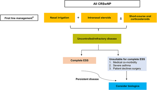 Figure 1 Treatment approach in CRSwNP. A step-wise approach is recommended. *First-line medical therapies (nasal irrigation, intranasal steroids, and short-term oral corticosteroids) should be continued following surgery and when biologics are used).