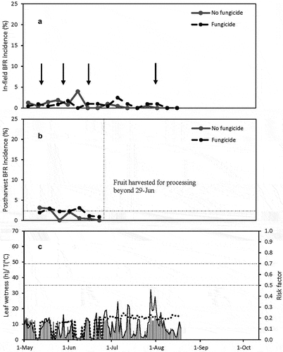 Figure 4. (a) In-field botrytis fruit rot (BFR) incidence and (b) Postharvest BFR incidence for weekly evaluations at field 31 in 2021. The vertical arrows (↓) indicate the date on which fungicides were applied (see Table 4). The horizontal dashed line indicates 2% incidence. Processing fruit production started on 29 Jun. (c) Leaf wetness duration (vertical bars) in continuous hours per day, average temperature during leaf wetness period (dashed line) and BFR risk factor (solid line). The two horizontal dashed lines indicate risk factors of 0.5 and 0.7, respectively.