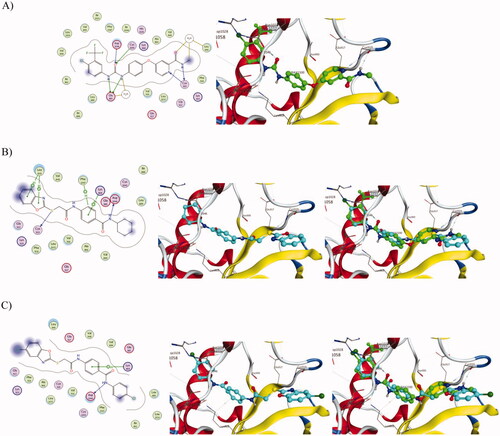Figure 10. Docking of compounds 1, 11 and sorafenib into the VEGFR active site. (A) Interaction of Sorafenib with amino-acids Leu840, Glu885, Lys920 and Asp1046. (B) Interaction of 1 with amino-acids Leu840, Lys868, Cys919, Asp1046 and Phe1047 and superimposition of 1 (shown as cyan sticks) with sorafenib (shown as green sticks). (C) Interaction of 11 with amino-acids Lys868 and Asp1046 and superimposition of 11 (shown as cyan sticks) with sorafenib (shown as green sticks).