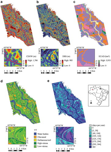 Figure 3. Maps of the predictor variables used for modeling M. niger nest occurrence in the MSDR. Detailed views of the same area are provided for: (a) CDOW, (b) DBS, (c) ECAD, (d) VT, and (e) FD.