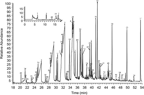 Figure 4. SPME-GC-MS chromatogram of U-matic tape sample showing the presence of, e.g. heptanoic acid (6) and octanoic acid (7). Reprinted from Thiebaut et al. (Citation2007) with permission from Elsevier.