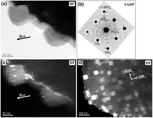 Figure 4. TEM images recorded from the ternary Fe–0.5Ti–2.0Si alloy specimen after nitriding at 580 °C with r N = 0.1 atm−1/2 for 77 h (after this nitriding time all TiN and nearly all Si3N4 have precipitated). (a) BF image showing two cubical Si3N4 particles at the edge of the TEM foil; tiny (TiN) platelets can be discerned within these Si3N4 particles. (b) The corresponding SADP ([0 0 1] α-Fe-zone axis) with diffraction spots of the ferrite matrix (α), iron oxide (see caption of Figure 3) and very weak streaks of intensities along [1 0 0]α and [0 1 0]α directions. (c) DF image recorded using the (weak) intensity of a streak (location of the aperture (at the position of the possible, but not observable, 002¯TiN-diffraction spot) has been indicated with a dashed circle in the SADP) exhibits crystalline (TiN) platelets with a pronounced bright contrast in the ferrite matrix and within the cubical Si3N4 particles. The cubical Si3N4 particles appear also brighter than the surrounding matrix due to the diffuse intensity resulting from electron scattering by the amorphous Si3N4 particles. (d) DF image, recorded using the diffuse intensity, showing the Si3N4 particles by bright contrast with the matrix. Note the high Si3N4-particle density at this practically end stage of the precipitation process.