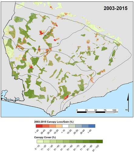 Figure 2. Change in canopy cover from 2003 to 2015. Black lines are the boundaries of vegetation types from Figure 1. Percent loss or gain values greater than 10% are overlaid on a map of 2003 canopy cover.