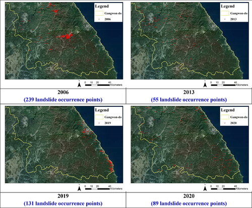 Figure 3. Maps showing the frequency and distribution of landslides in Gangwon-do in 2006, 2013, 2019, and 2020. Source: Kakaomap (https://map.kakao.map).